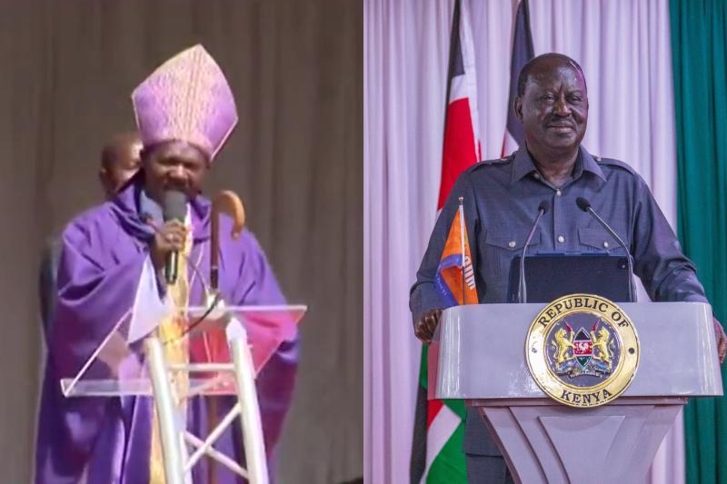 Collage photo of Bishop David Kodia and Raila Odinga.